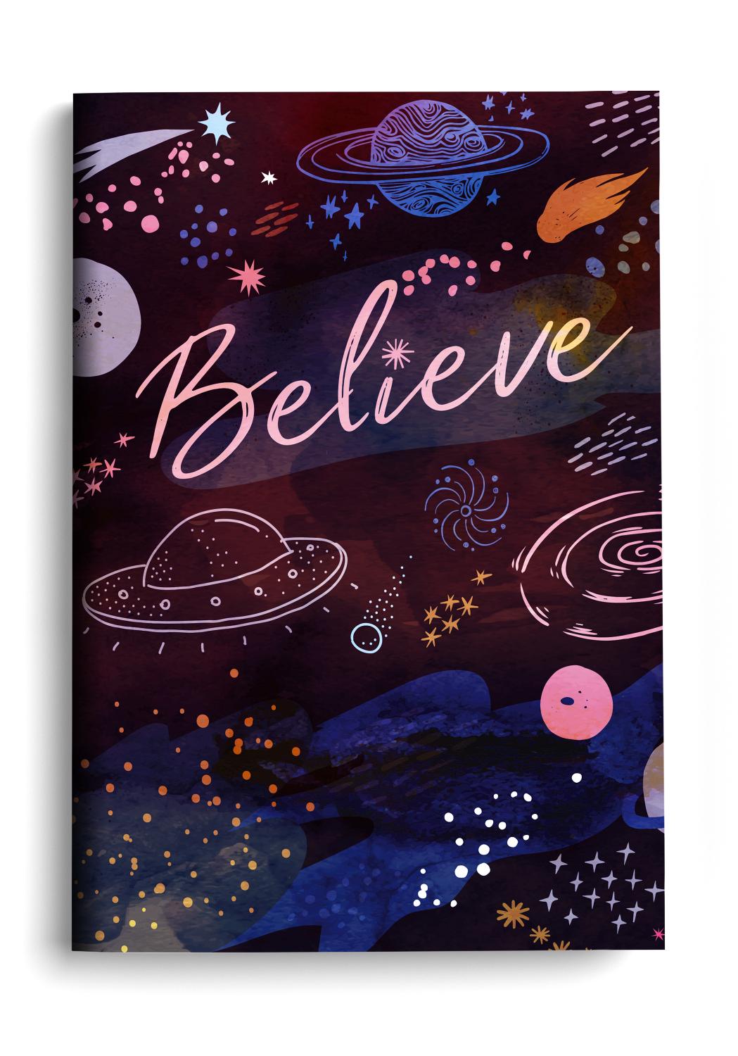 Saturnery Notebook with the word Believe and hand-drawn cosmic graphics including a UFO, planets, stars, meteors and moon on a dark watercolour atmospheric background.