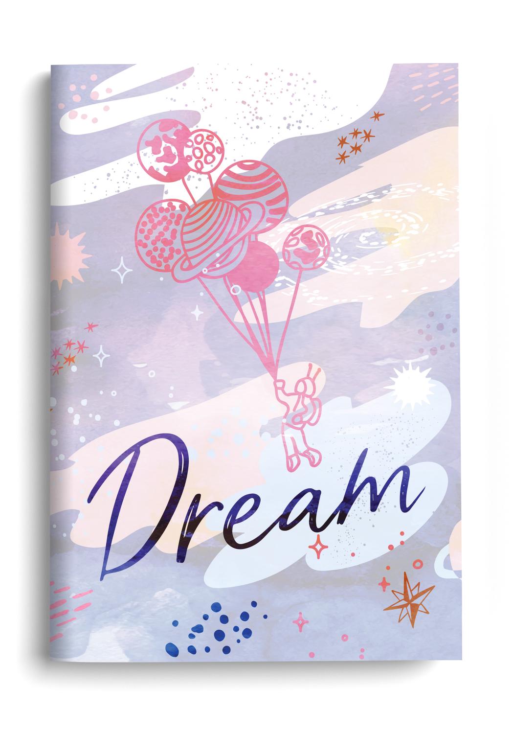 Saturnery Notebook with the word Dream and a hand-drawn astronaut holding a large bunch of balloons that look like planets, on a cosmic style watercolour background.