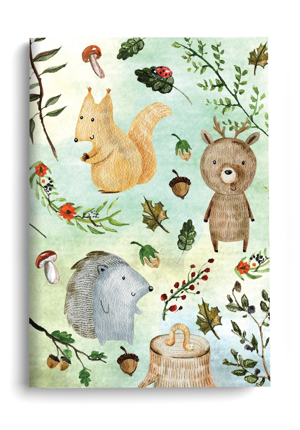 Saturnery Notebook featuring woodlands animals, including a squirrel, hedgehog and deer along with other woodlands style flora and fauna.