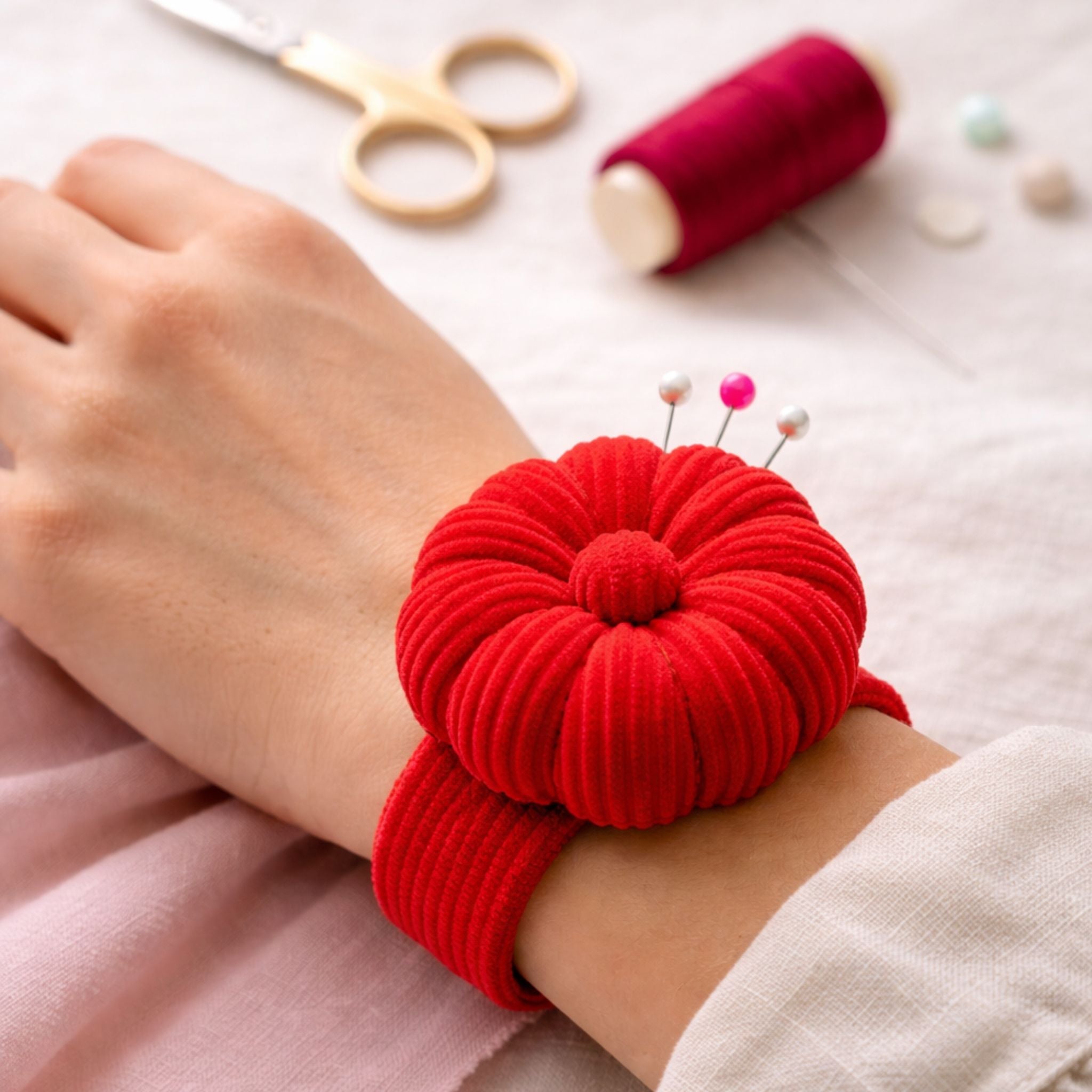 Corduroy Wrist Pin Cushion - Crimson Red