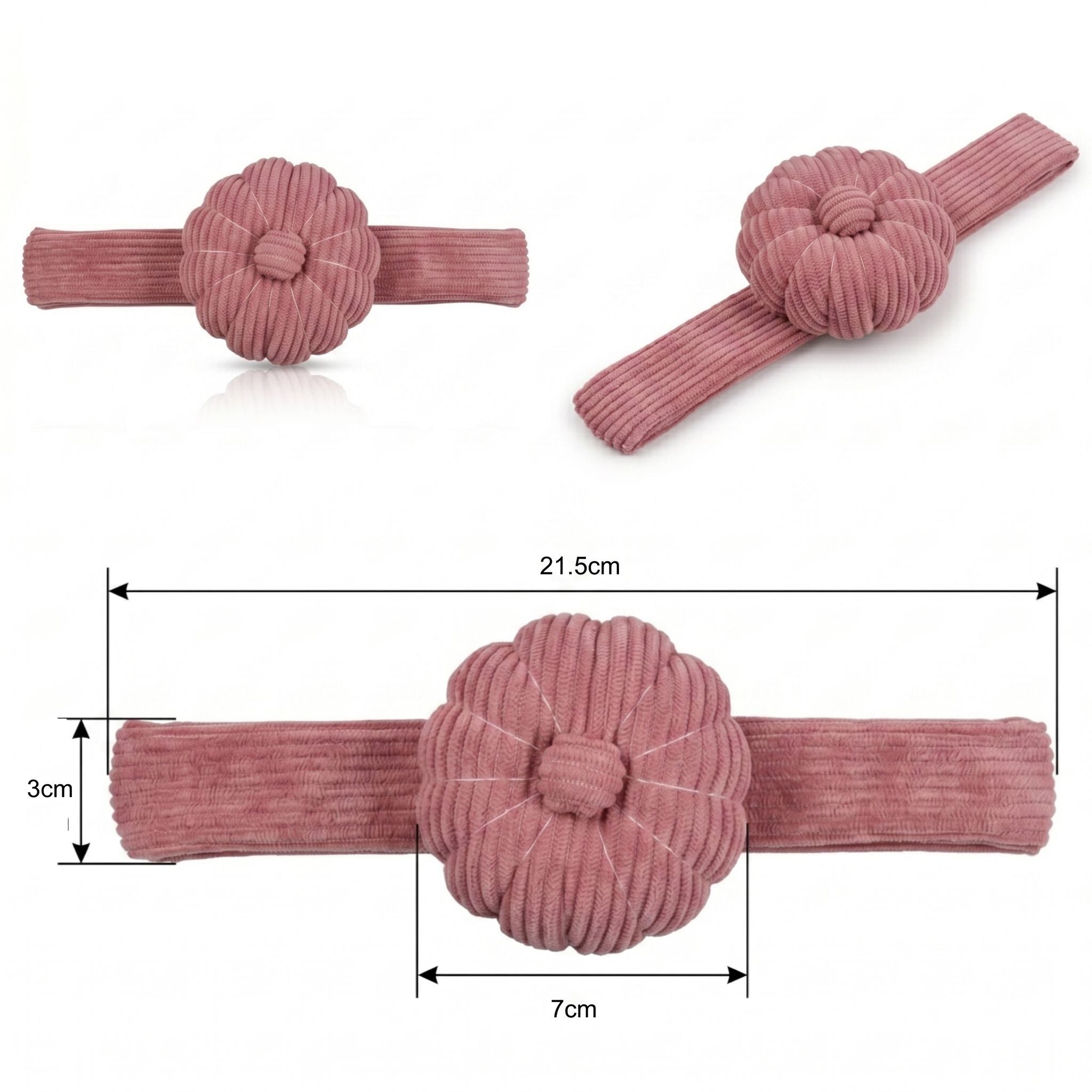 Dusty Rose Corduroy Pin Cushion with measurements on a white background