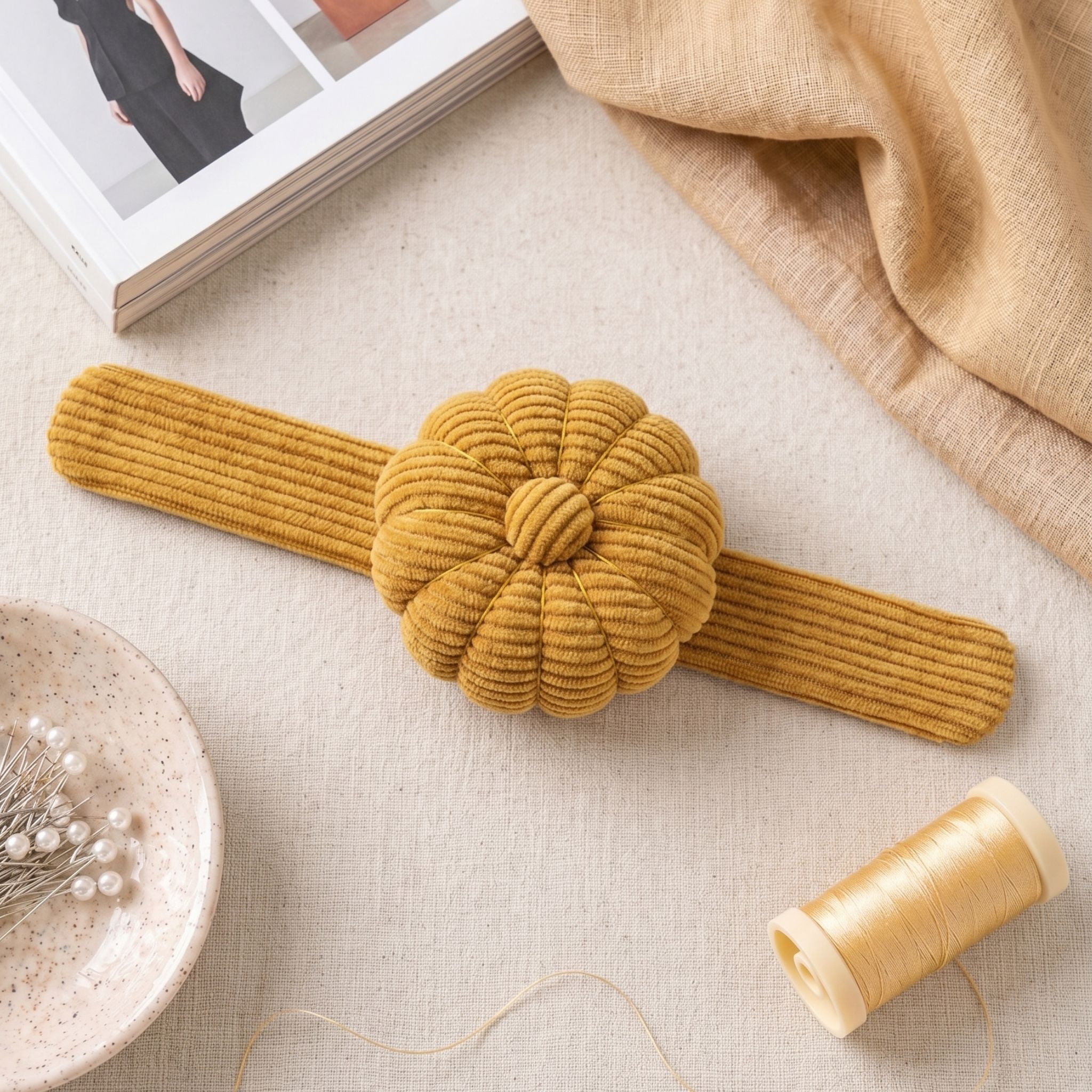 Golden Butter corduroy pin cushion on a textured surface with a spool of thread and fabric in the background.