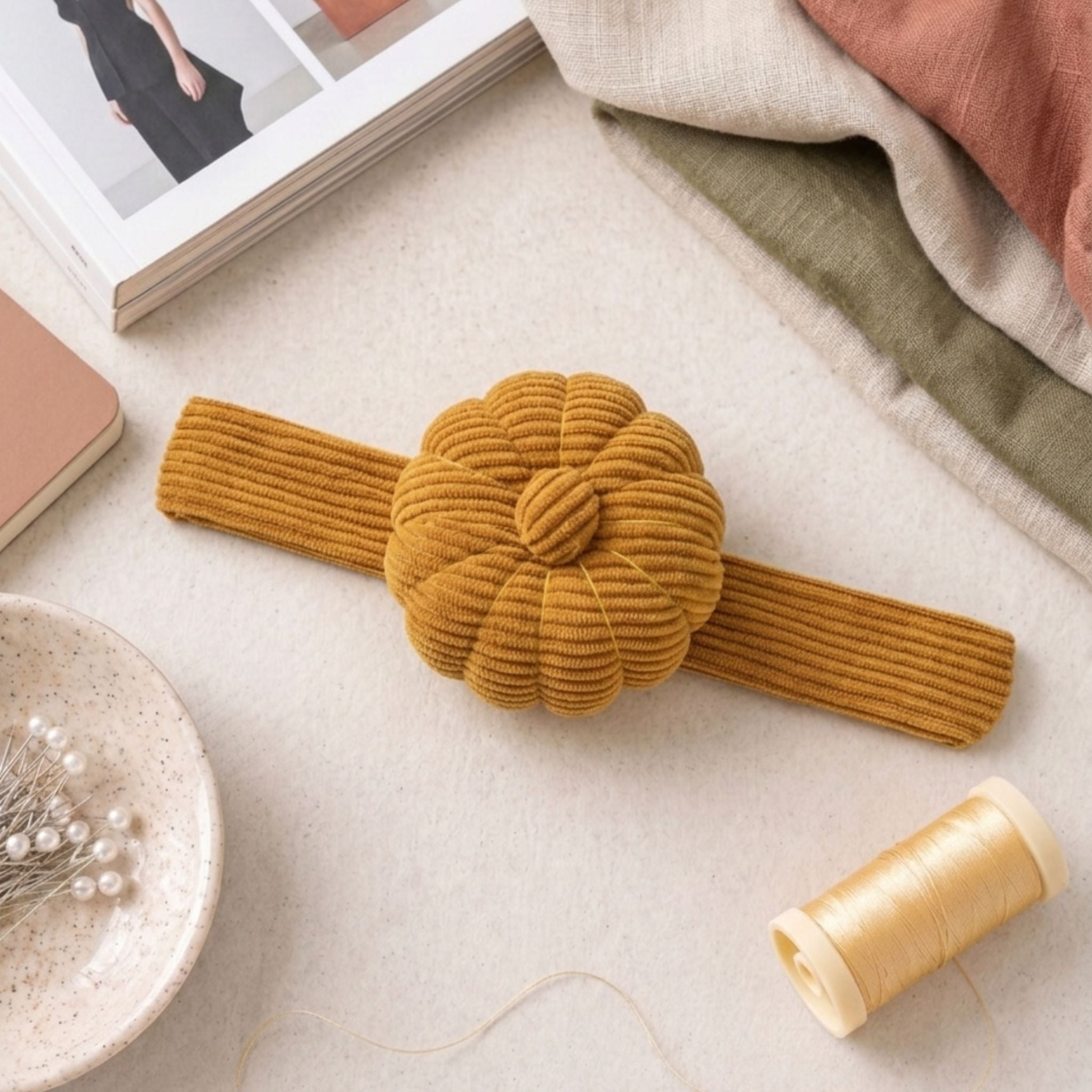 Honey Ochre corduroy pin cushion on a light surface with a spool of thread and books in the background.
