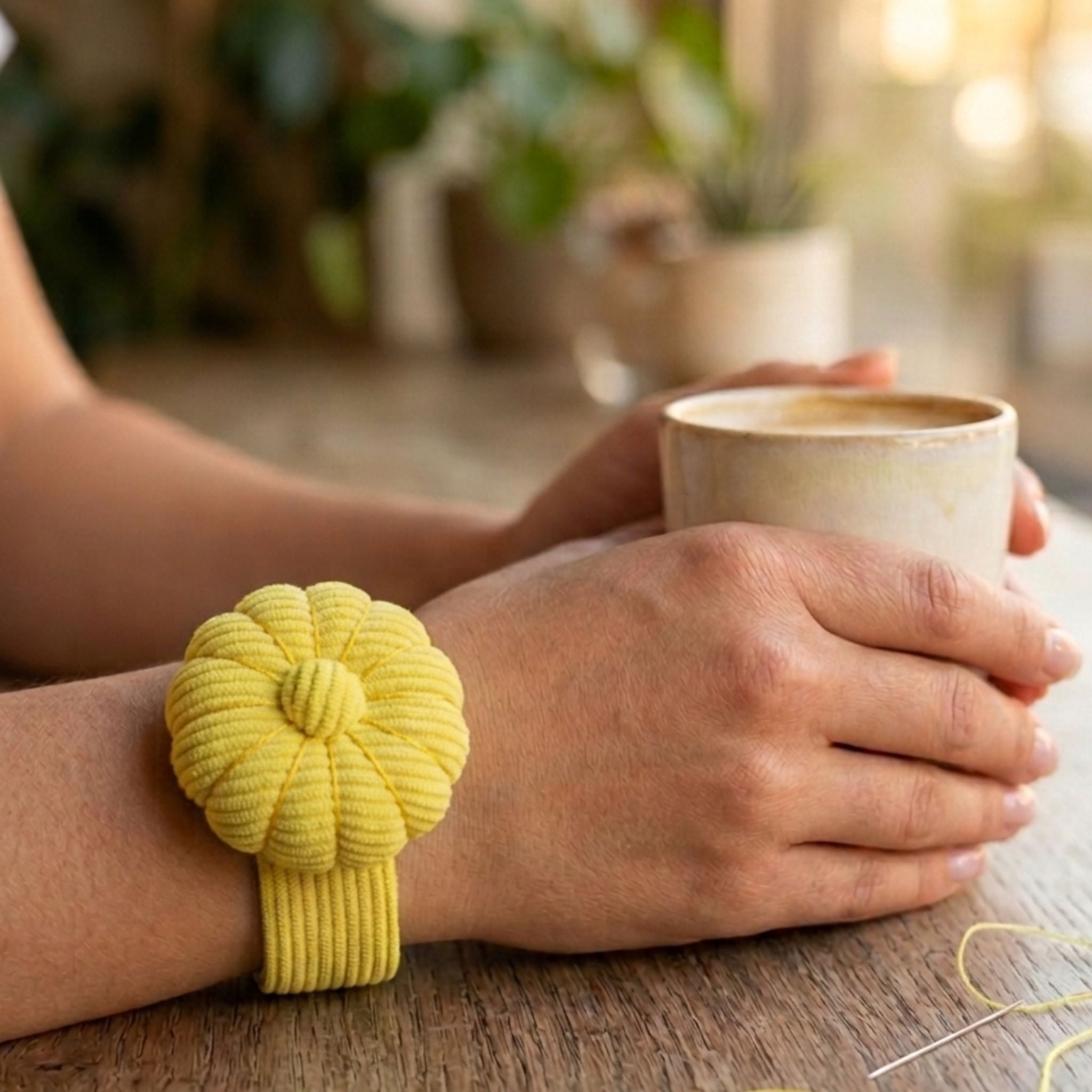 Person holding a cup with a Yellow Limoncello colour corduroy pin cushion bracelet on a wooden surface