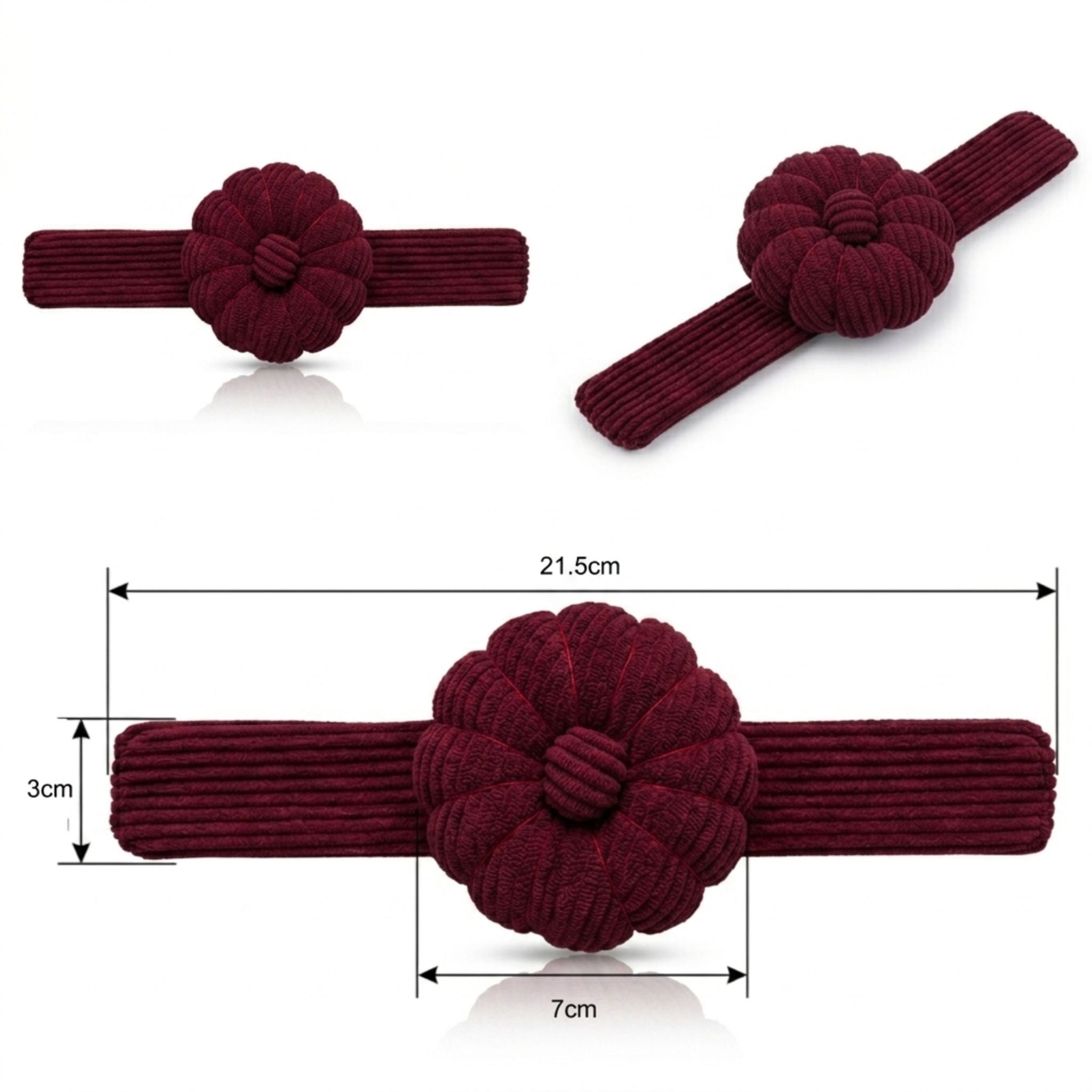 Rich Burgundy Corduroy Pin Cushion with measurements on a white background