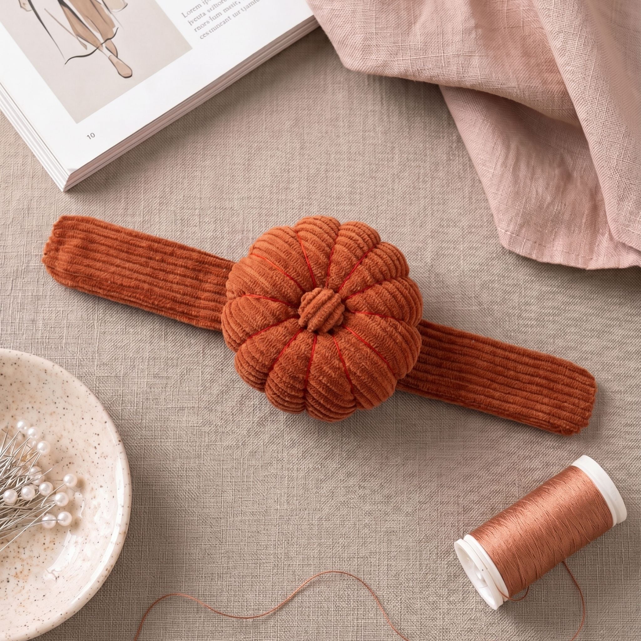 Terracotta Corduroy Pin Cushion on a beige fabric background