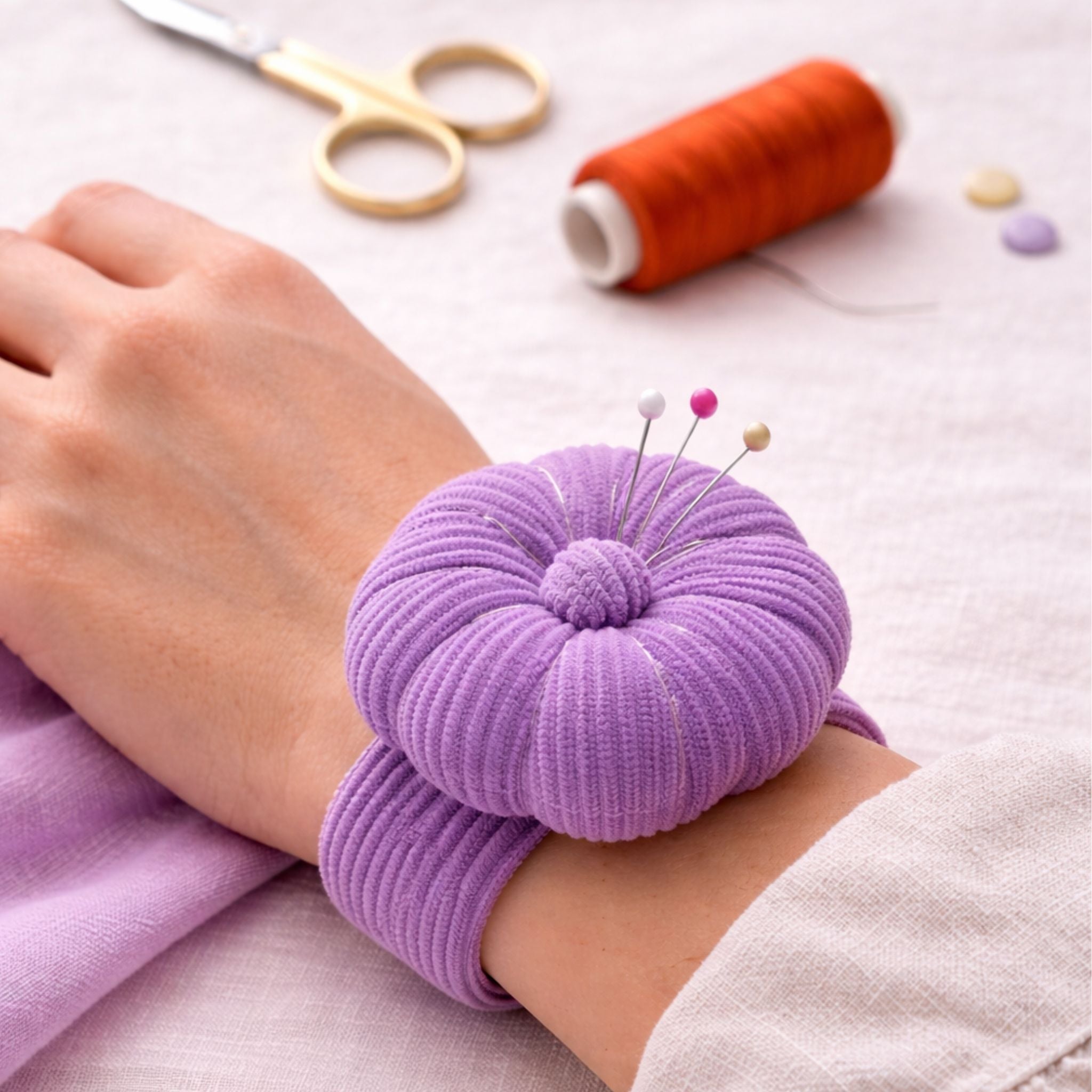 Purple corded pin cushion on a wrist with sewing tools in the background